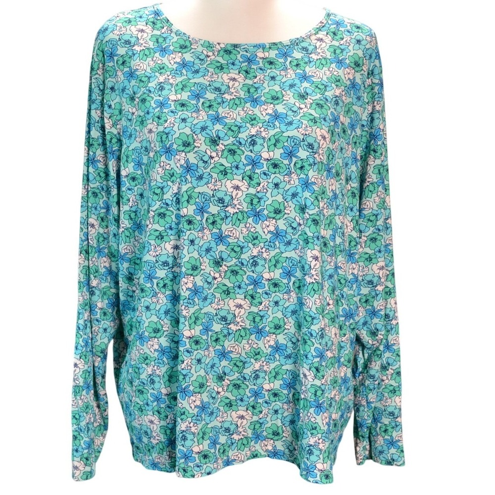 Lands' End Floral Tunic Swim Top Vacation Water Travel Modest Blue Green Plus 2X